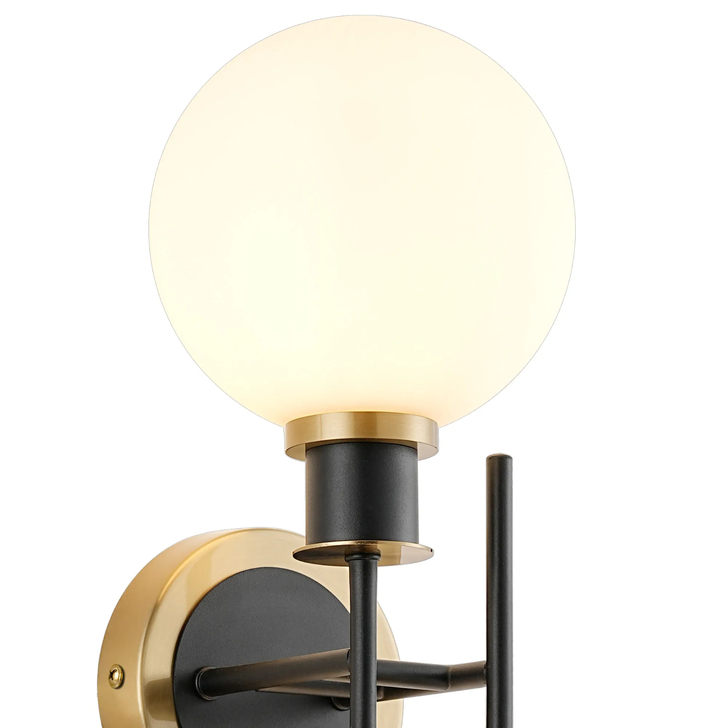 Idolite Haughton IP Switched Wall Light, 2 x E14 With 15cm Round Glass Shade, Brass, Opal & Satin Black