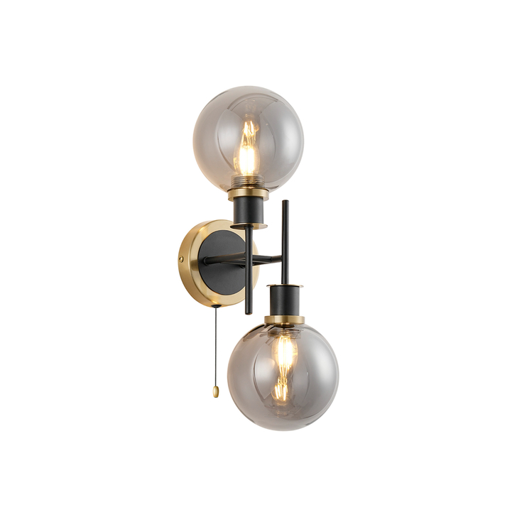 Idolite Haughton IP Switched Wall Light, 2 x E14 With 15cm Round Glass Shade, Brass, Smoke Plated & Satin Black