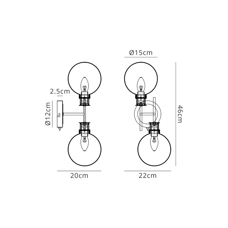 Idolite Haughton IP Switched Wall Light, 2 x E14 With 15cm Round Glass Shade, Satin Nickel, Amber Plated & Satin Black