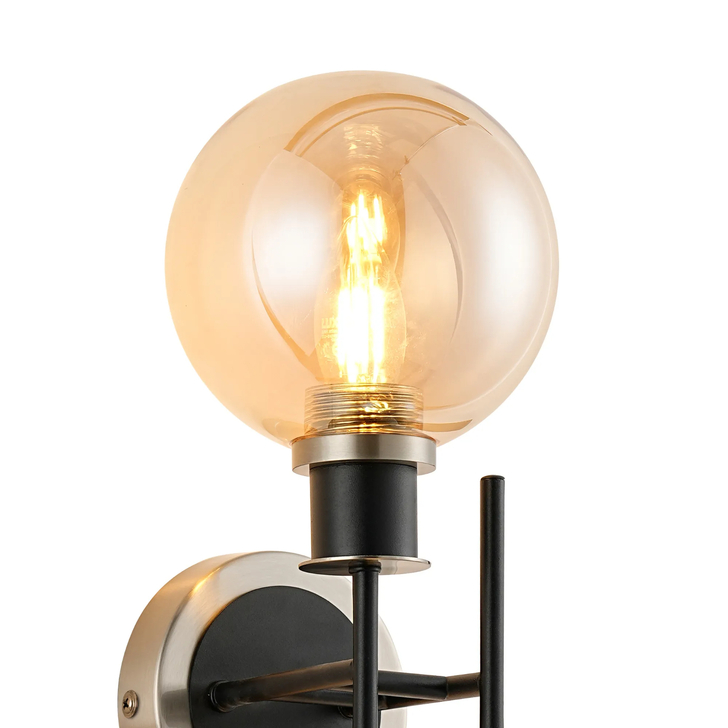 Idolite Haughton IP Switched Wall Light, 2 x E14 With 15cm Round Glass Shade, Satin Nickel, Amber Plated & Satin Black