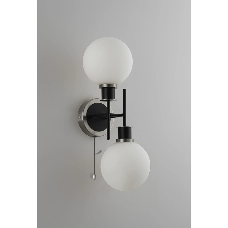 Idolite Haughton IP Switched Wall Light, 2 x E14 With 15cm Round Glass Shade, Satin Nickel, Opal & Satin Black