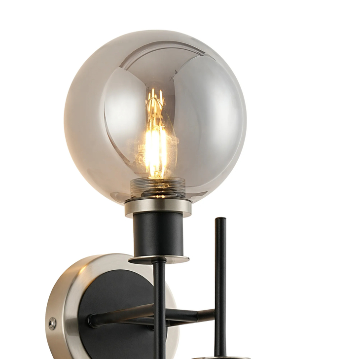 Idolite Haughton IP Switched Wall Light, 2 x E14 With 15cm Round Glass Shade, Satin Nickel, Smoke Plated & Satin Black