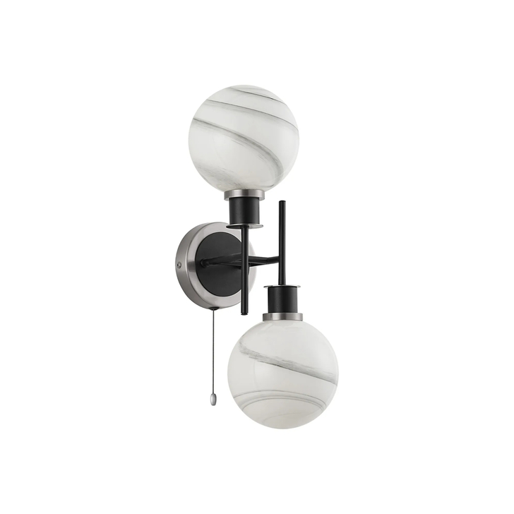 Idolite Haughton IP Switched Wall Light, 2 x E14 With 15cm Round Marble Effect Glass Shade, Satin Nickel, White & Satin Black