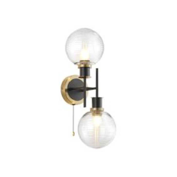 Idolite Haughton IP Switched Wall Light, 2 x E14 With 15cm Round Ribbed Glass Shade, Brass, Clear & Satin Black