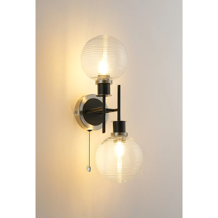Idolite Haughton IP Switched Wall Light, 2 x E14 With 15cm Round Ribbed Glass Shade, Satin Nickel, Clear & Satin Black