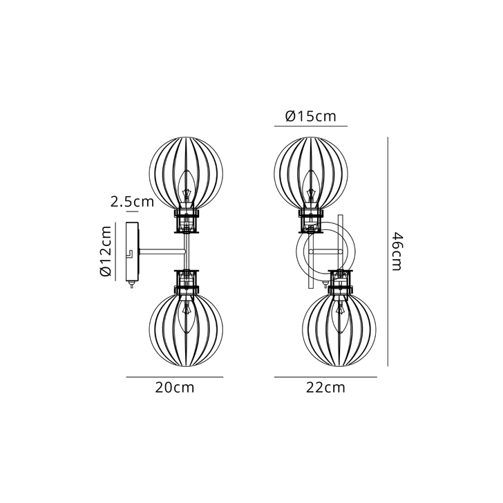 Idolite Haughton IP Switched Wall Light, 2 x E14 With 15cm Round Segment Glass Shade, Brass, Amber Plated & Satin Black
