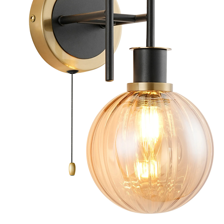 Idolite Haughton IP Switched Wall Light, 2 x E14 With 15cm Round Segment Glass Shade, Brass, Amber Plated & Satin Black