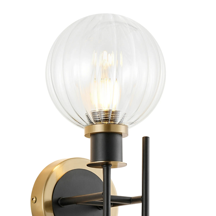 Idolite Haughton IP Switched Wall Light, 2 x E14 With 15cm Round Segment Glass Shade, Brass, Clear & Satin Black