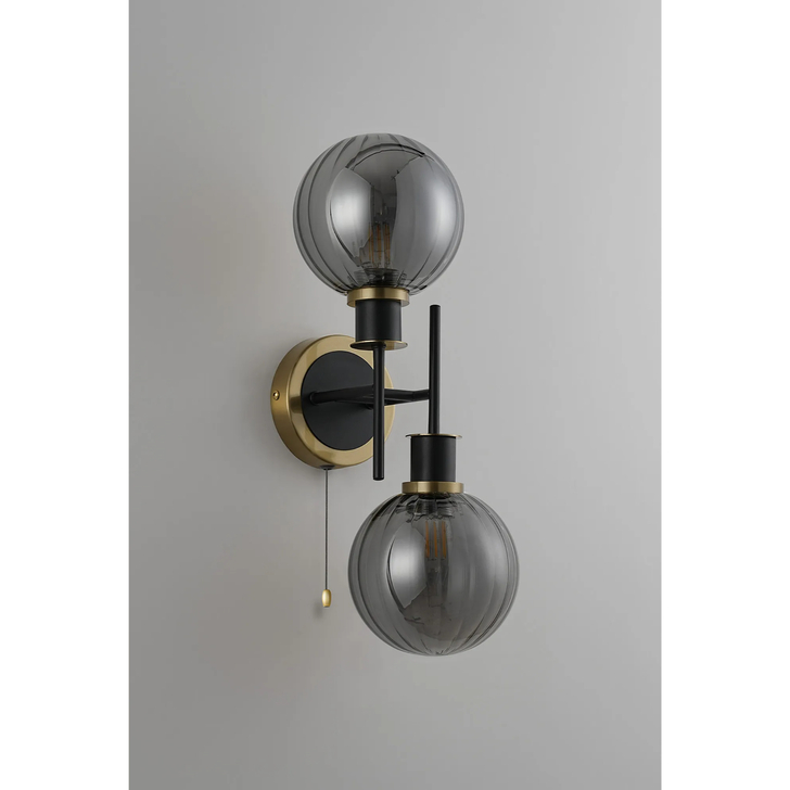 Idolite Haughton IP Switched Wall Light, 2 x E14 With 15cm Round Segment Glass Shade, Brass, Smoke Plated & Satin Black