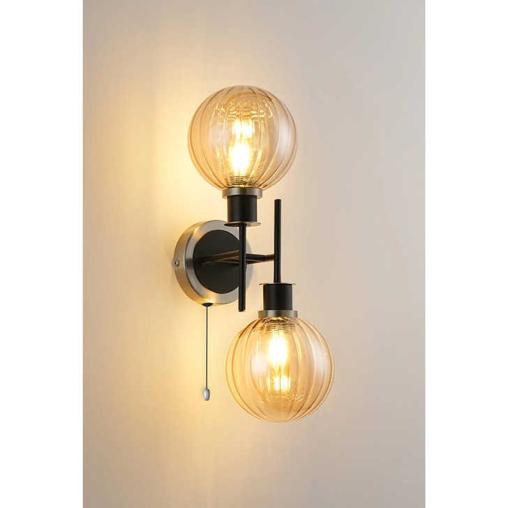 Idolite Haughton IP Switched Wall Light, 2 x E14 With 15cm Round Segment Glass Shade, Satin Nickel, Amber Plated & Satin Black