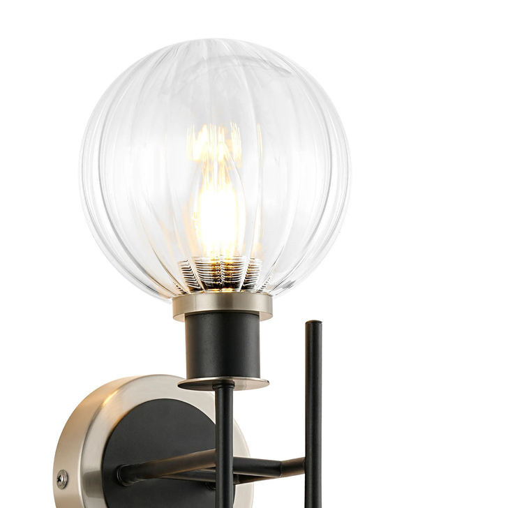 Idolite Haughton IP Switched Wall Light, 2 x E14 With 15cm Round Segment Glass Shade, Satin Nickel, Clear & Satin Black