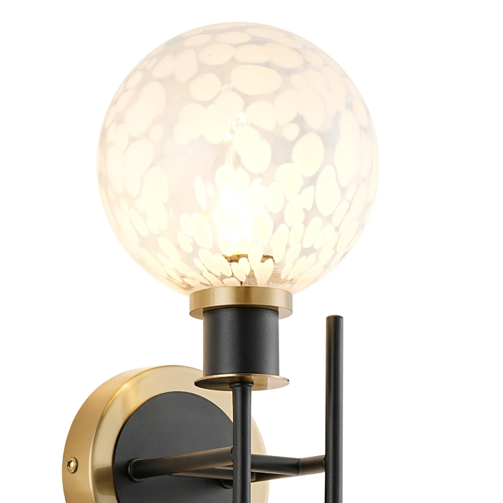 Idolite Haughton IP Switched Wall Light, 2 x E14 With 15cm Round Speckled Glass Shade, Brass, White & Satin Black