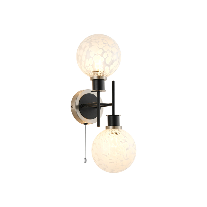 Idolite Haughton IP Switched Wall Light, 2 x E14 With 15cm Round Speckled Glass Shade, Satin Nickel, White & Satin Black