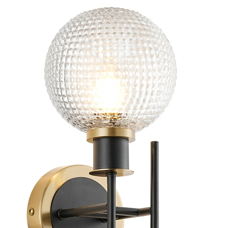 Idolite Haughton IP Switched Wall Light, 2 x E14 With 15cm Round Textured Diamond Pattern Glass Shade, Brass, Clear & Satin Black