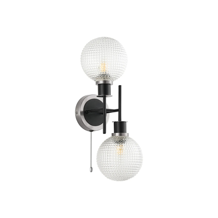 Idolite Haughton IP Switched Wall Light, 2 x E14 With 15cm Round Textured Diamond Pattern Glass Shade, Satin Nickel, Clear & Satin Black