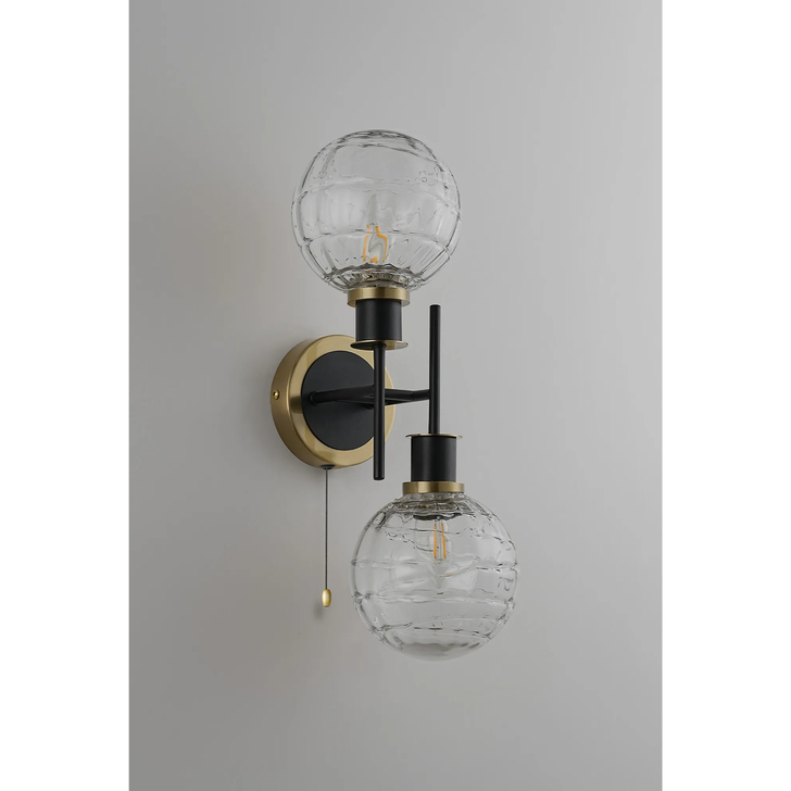Idolite Haughton IP Switched Wall Light, 2 x E14 With 15cm Round Textured Melting Glass Shade, Brass, Clear & Satin Black