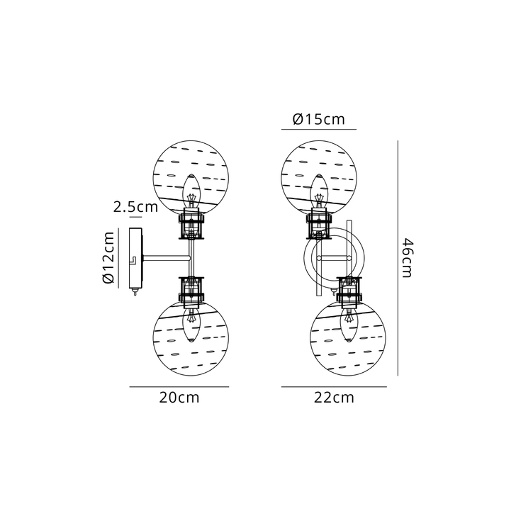 Idolite Haughton IP Switched Wall Light, 2 x E14 With 15cm Round Textured Melting Glass Shade, Satin Nickel, Clear & Satin Black