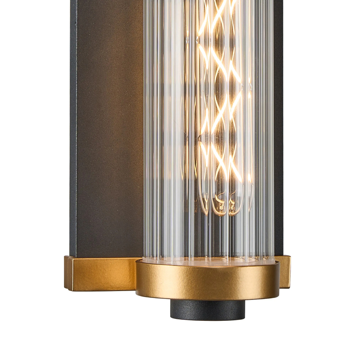 Idolite Limasol Black And Gold Bathroom 2 Light Wall Light Complete With Clear Ribbed Glass Shade