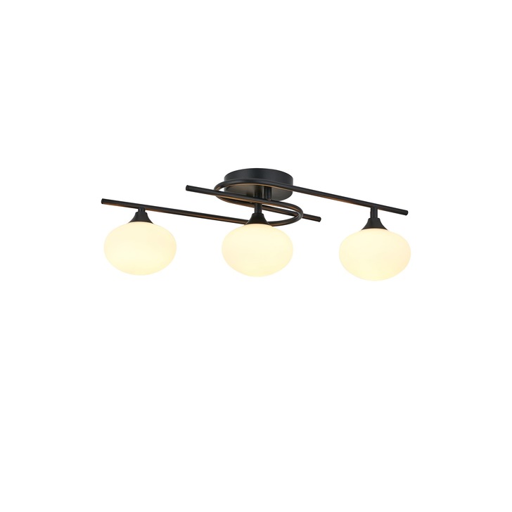 Idolite Lynch Satin Black Flush 3 Light Bathroom Ceiling Light Complete With Opal Glasses - IP44