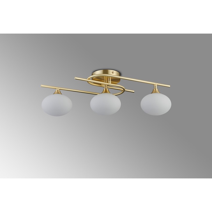 Idolite Lynch Satin Brass Flush 3 Light Bathroom Ceiling Light Complete With Opal Glasses - IP44