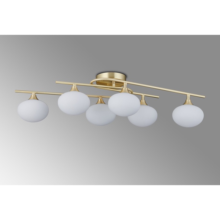 Idolite Lynch Satin Brass Flush 6 Light Bathroom Ceiling Light Complete With Opal Glasses - IP44