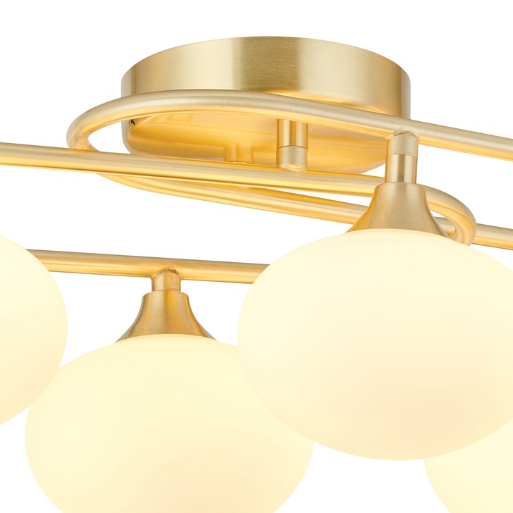 Idolite Lynch Satin Brass Flush 6 Light Bathroom Ceiling Light Complete With Opal Glasses - IP44