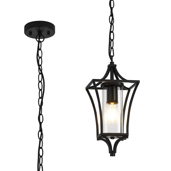 Idolite Nantwich Downward Facing Black Curved Frame Outdoor Pendant Light Complete WIth Clear Cylindrical Glass - IP54