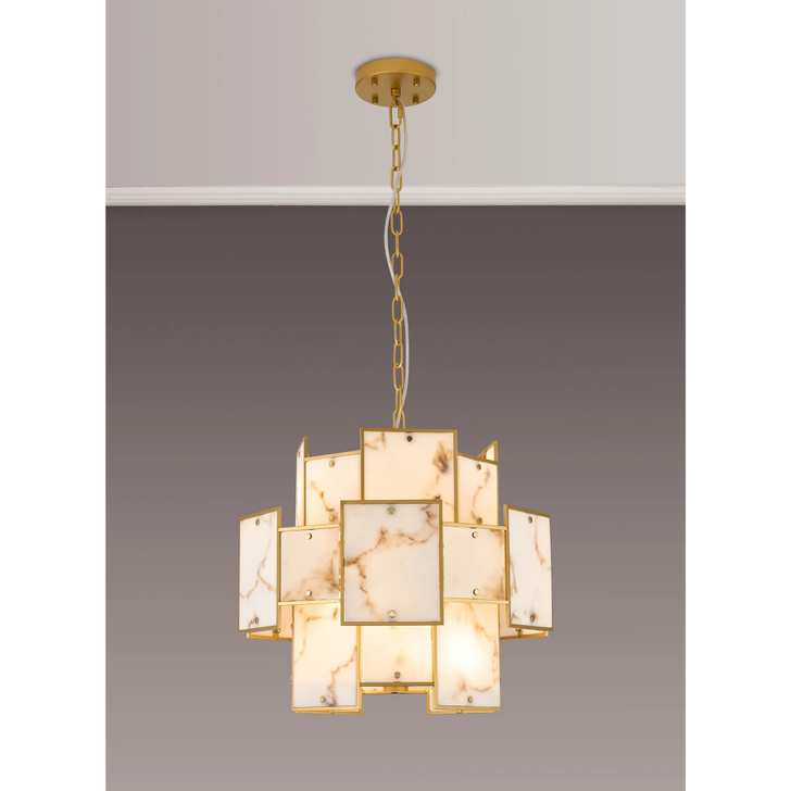 Idolite Natron 45cm Round Pendant/Semi Flush Faux Alabaster: 7 x E14: 1m Chain: Gold/Brown