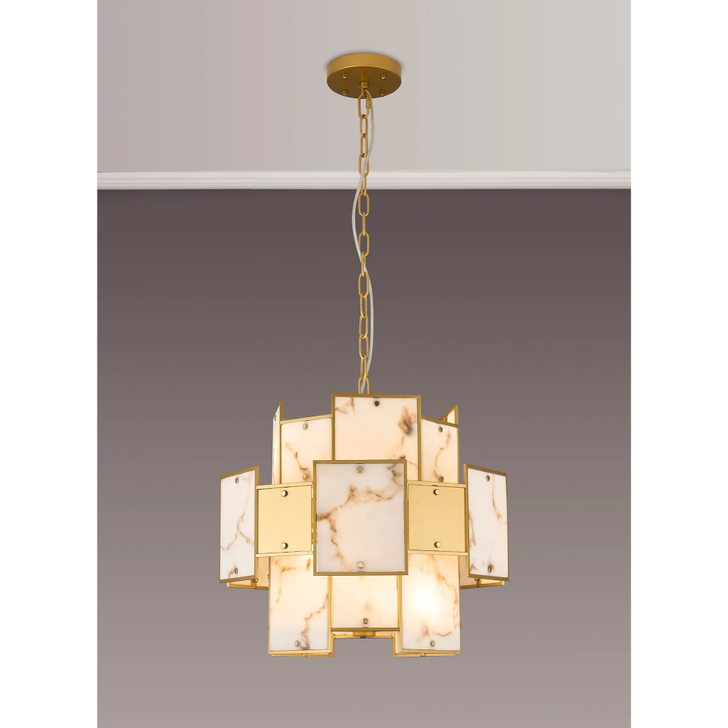 Idolite Natron 45cm Round Pendant/Semi Flush Faux Alabaster & Metal: 7 x E14: 1m Chain: Gold/Brown