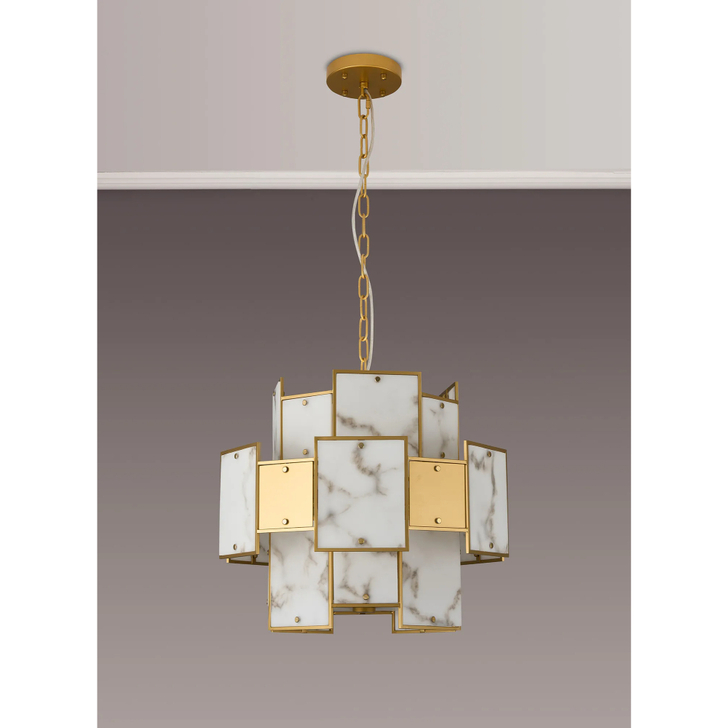 Idolite Natron 45cm Round Pendant/Semi Flush Faux Alabaster & Metal: 7 x E14: 1m Chain: Gold/Grey