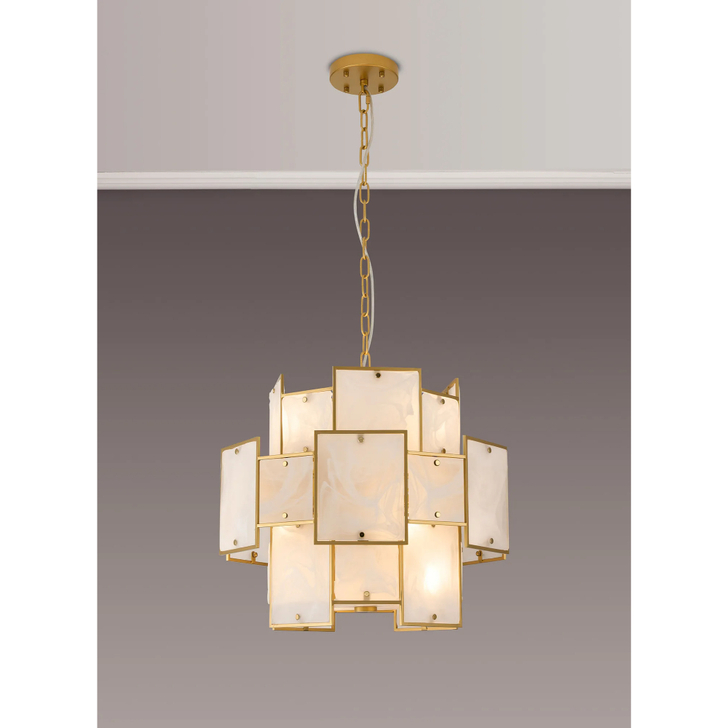 Idolite Natron 45cm Round Pendant/Semi Flush White Glass Alabaster: 7 x E14: 1m Chain: Gold/White Frosted