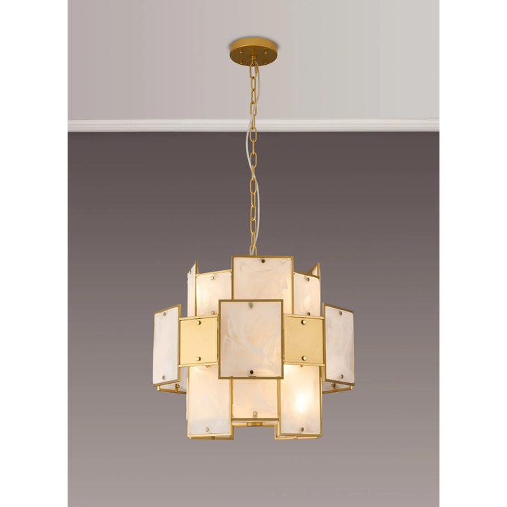 Idolite Natron 45cm Round Pendant/Semi Flush White Glass Alabaster & Metal: 7 x E14: 1m Chain: Gold/White Frosted