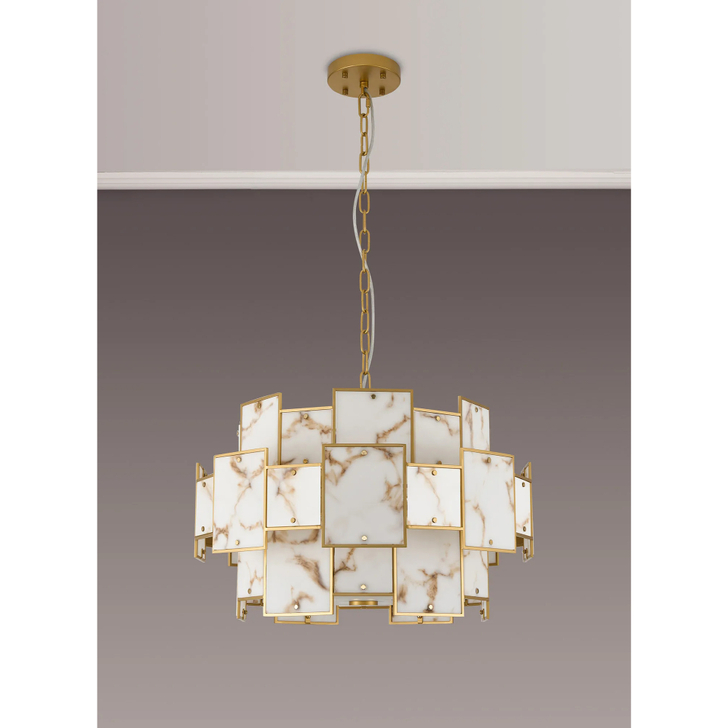 Idolite Natron 59cm Round Pendant/Semi Flush Faux Alabaster: 12 x E14: 1.5m Chain: Gold/Brown