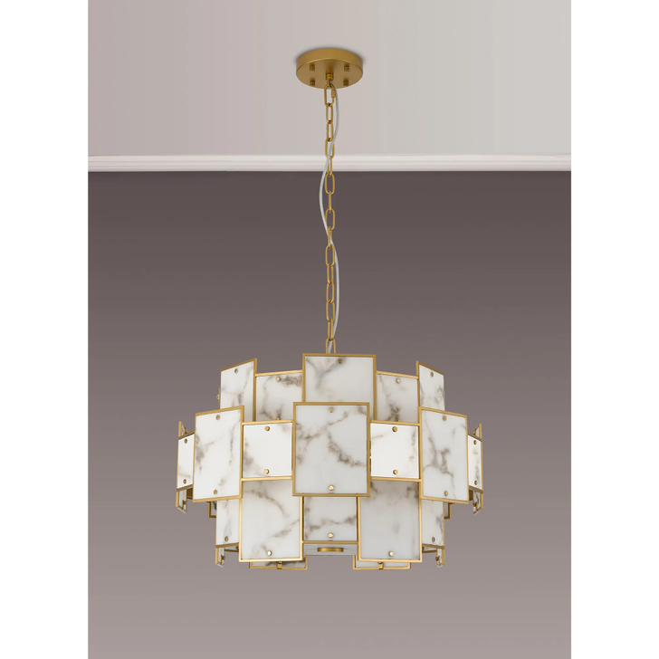 Idolite Natron 59cm Round Pendant/Semi Flush Faux Alabaster: 12 x E14: 1.5m Chain: Gold/Grey