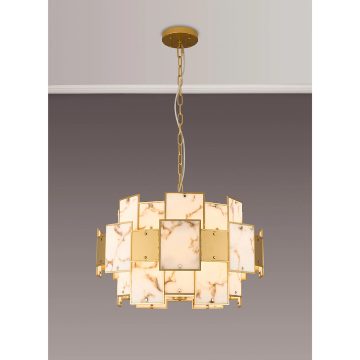 Idolite Natron 59cm Round Pendant/Semi Flush Faux Alabaster & Metal: 12 x E14: 1.5m Chain: Gold/Brown