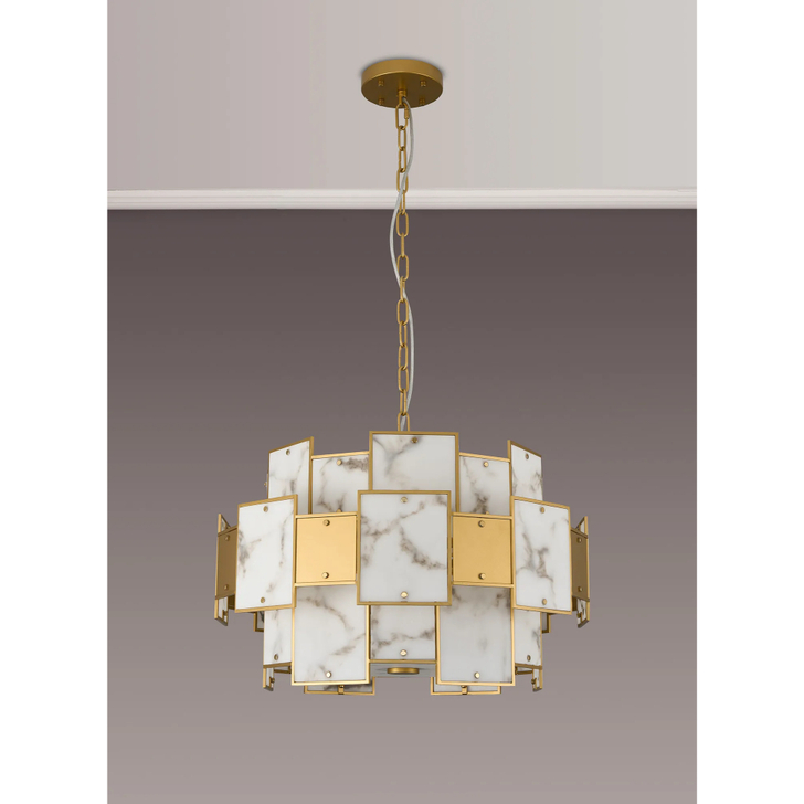 Idolite Natron 59cm Round Pendant/Semi Flush Faux Alabaster & Metal: 12 x E14: 1.5m Chain: Gold/Grey