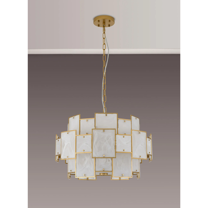 Idolite Natron 59cm Round Pendant/Semi Flush White Glass Alabaster: 12 x E14: 1.5m Chain: Gold/White Frosted