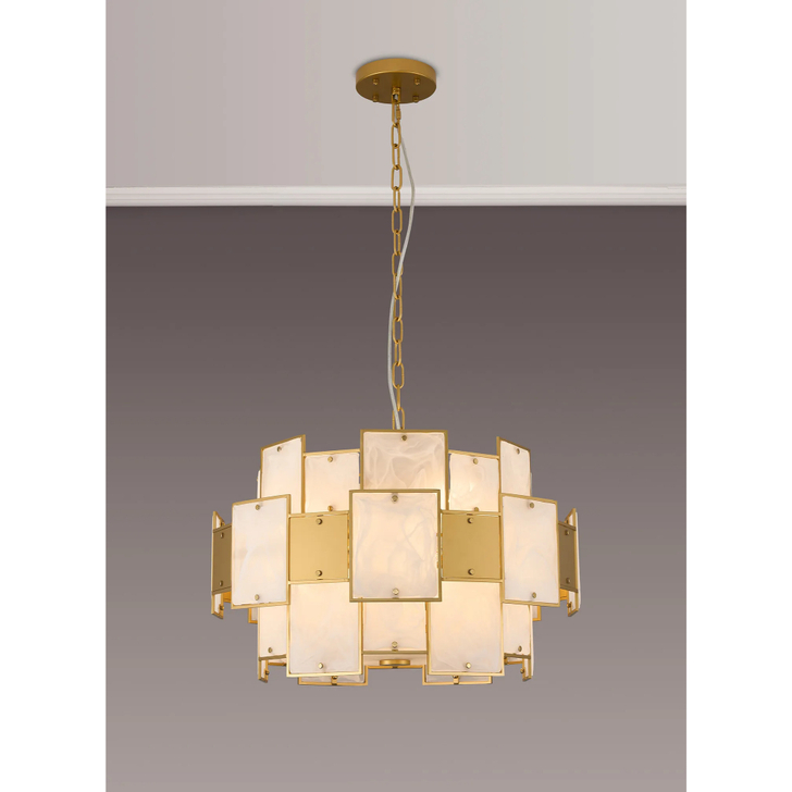 Idolite Natron 59cm Round Pendant/Semi Flush White Glass Alabaster & Metal: 12 x E14: 1.5m Chain: Gold/White Frosted