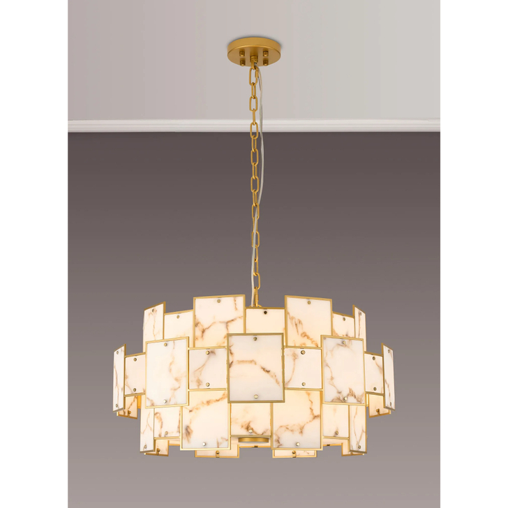 Idolite Natron 74cm Round Pendant/Semi Flush Faux Alabaster: 17 x E14: 2m Chain: Gold/Brown