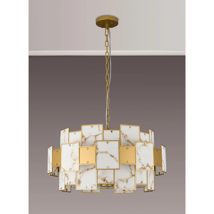 Idolite Natron 74cm Round Pendant/Semi Flush Faux Alabaster & Metal: 17 x E14: 2m Chain: Gold/Brown