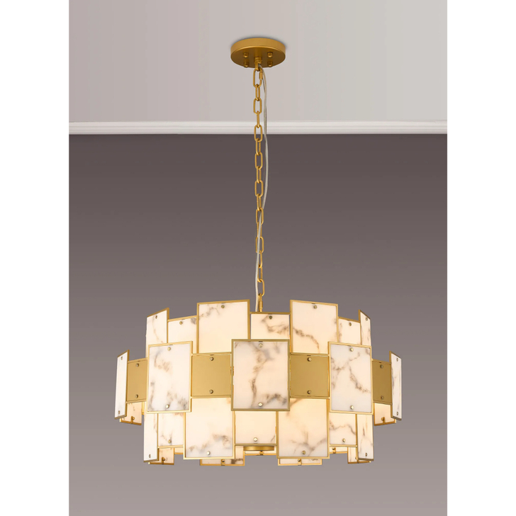 Idolite Natron 74cm Round Pendant/Semi Flush Faux Alabaster & Metal: 17 x E14: 2m Chain: Gold/Grey