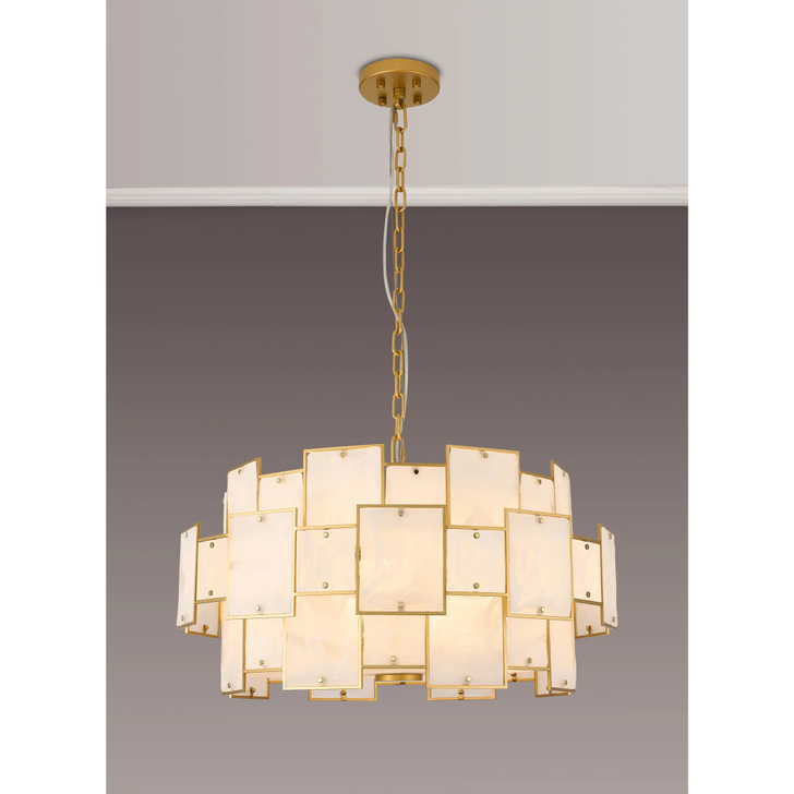 Idolite Natron 74cm Round Pendant/Semi Flush White Glass Alabaster: 17 x E14: 2m Chain: Gold/White Frosted
