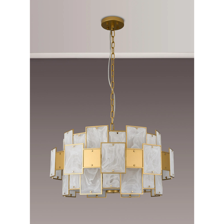 Idolite Natron 74cm Round Pendant/Semi Flush White Glass Alabaster & Metal: 17 x E14: 2m Chain: Gold/White Frosted