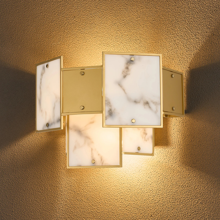 Idolite Natron Switched Wall Light Faux Alabaster & Metal: 2 x E14: Gold/Grey