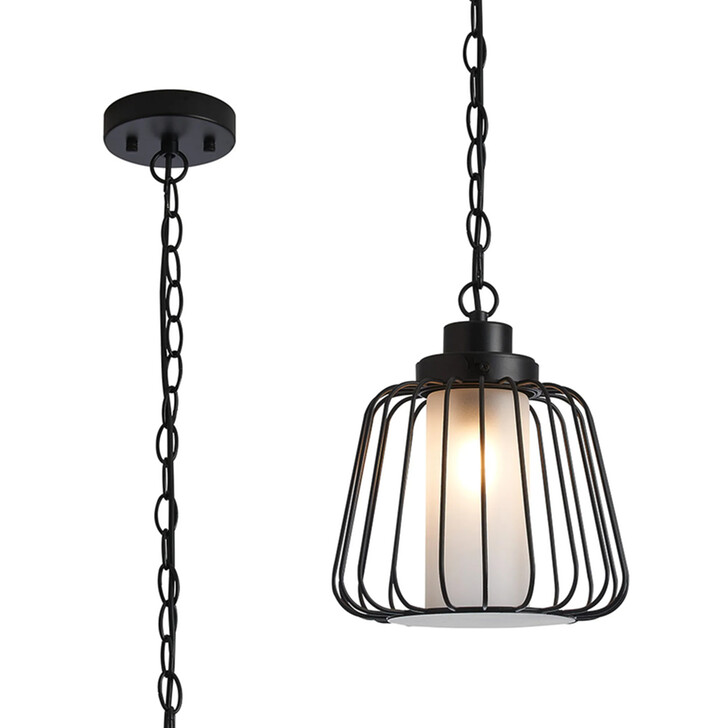 Idolite Newport Black Wire Cage Exterior Pendant Light Complete With Frosted Glass - Ip54