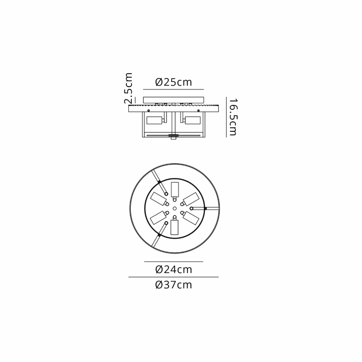 Idolite Nuboda 40cm 6 Light Flush Black Ceiling Light Complete With Clear Glass Rods