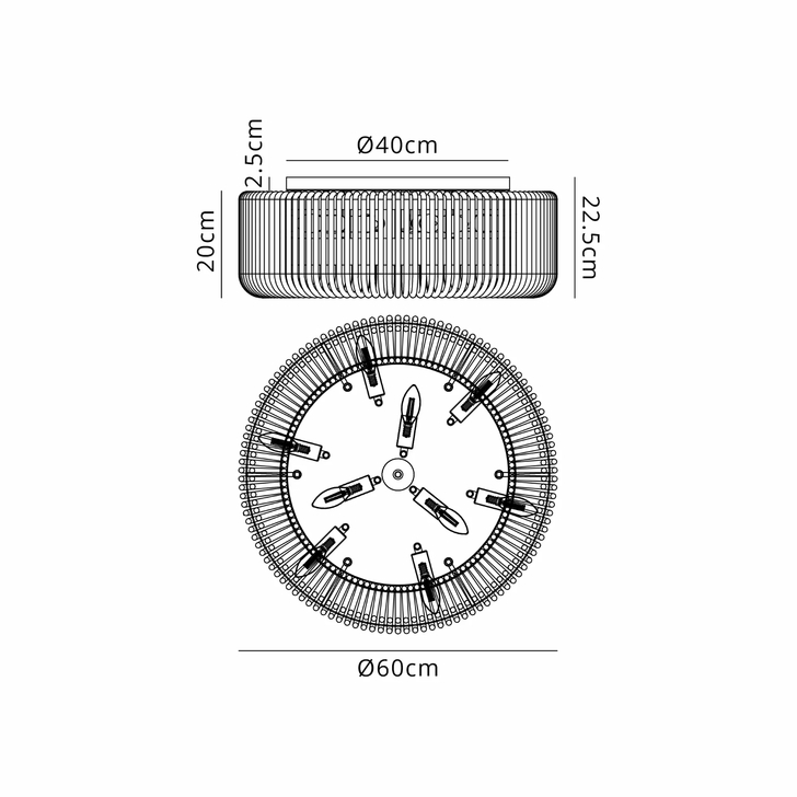 Idolite Nuboda 60cm Large 9 Light Flush Black Ceiling Light Complete With Clear Glass Rods