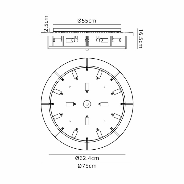 Idolite Nuboda 78cm Extra Large 12 Light Flush Brass Finish Ceiling Light Complete With Clear Glass Rods