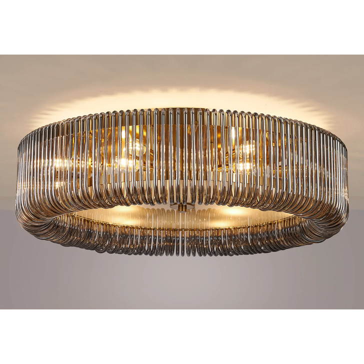 Idolite Nuboda 78cm Extra Large 12 Light Flush Brass Finish Ceiling Light Complete With Smoke Glass Rods