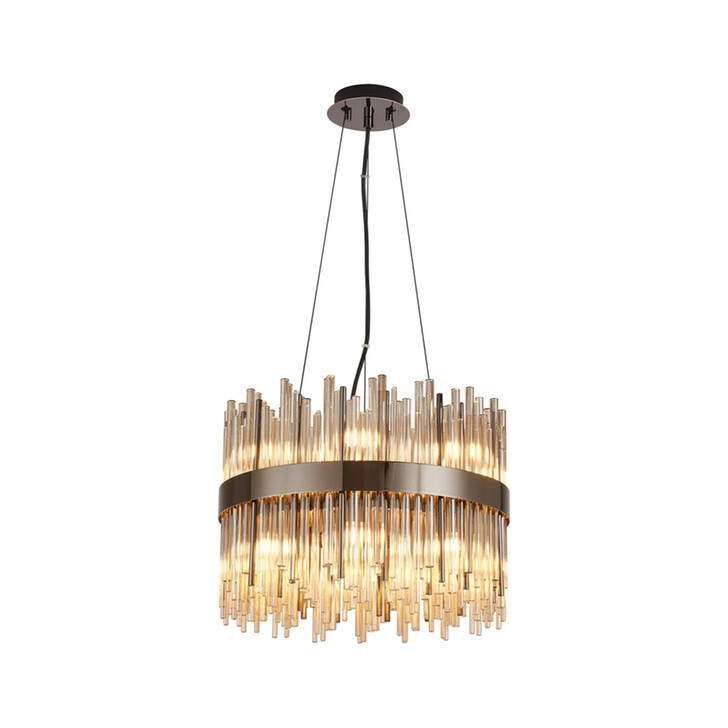 Idolite Ohird 40cm Black Chrome And Cognac 6 Light Round Glass Pendant Light